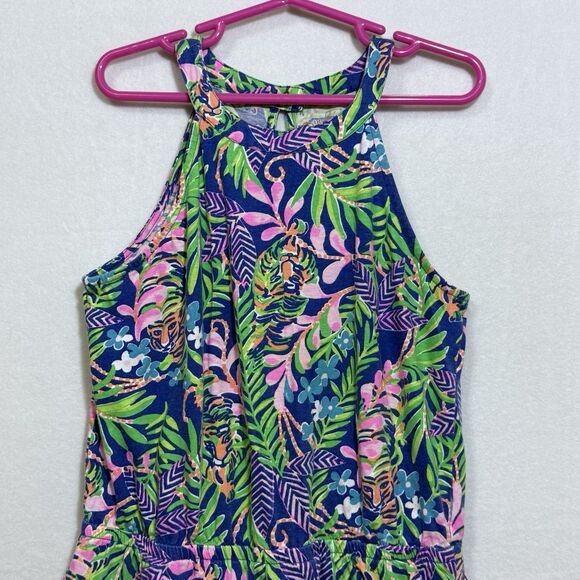 Lilly Pulitzer Brienne Borealis Blue Shorts Romper Girls L Floral Tropical Tiger - Picture 4 of 12